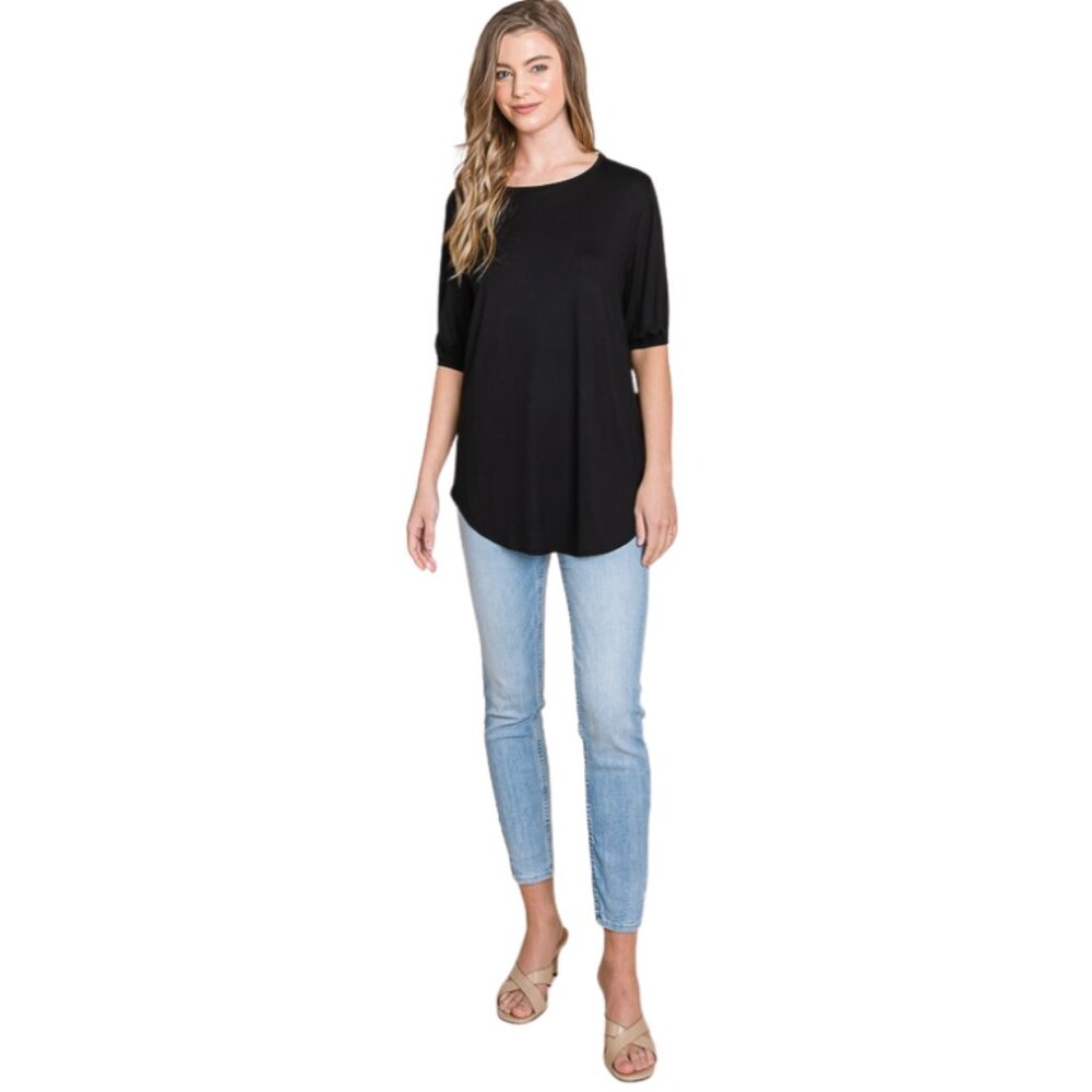 Soft Rayon Puff Sleeve Tee in Black - Picture 2 of 3